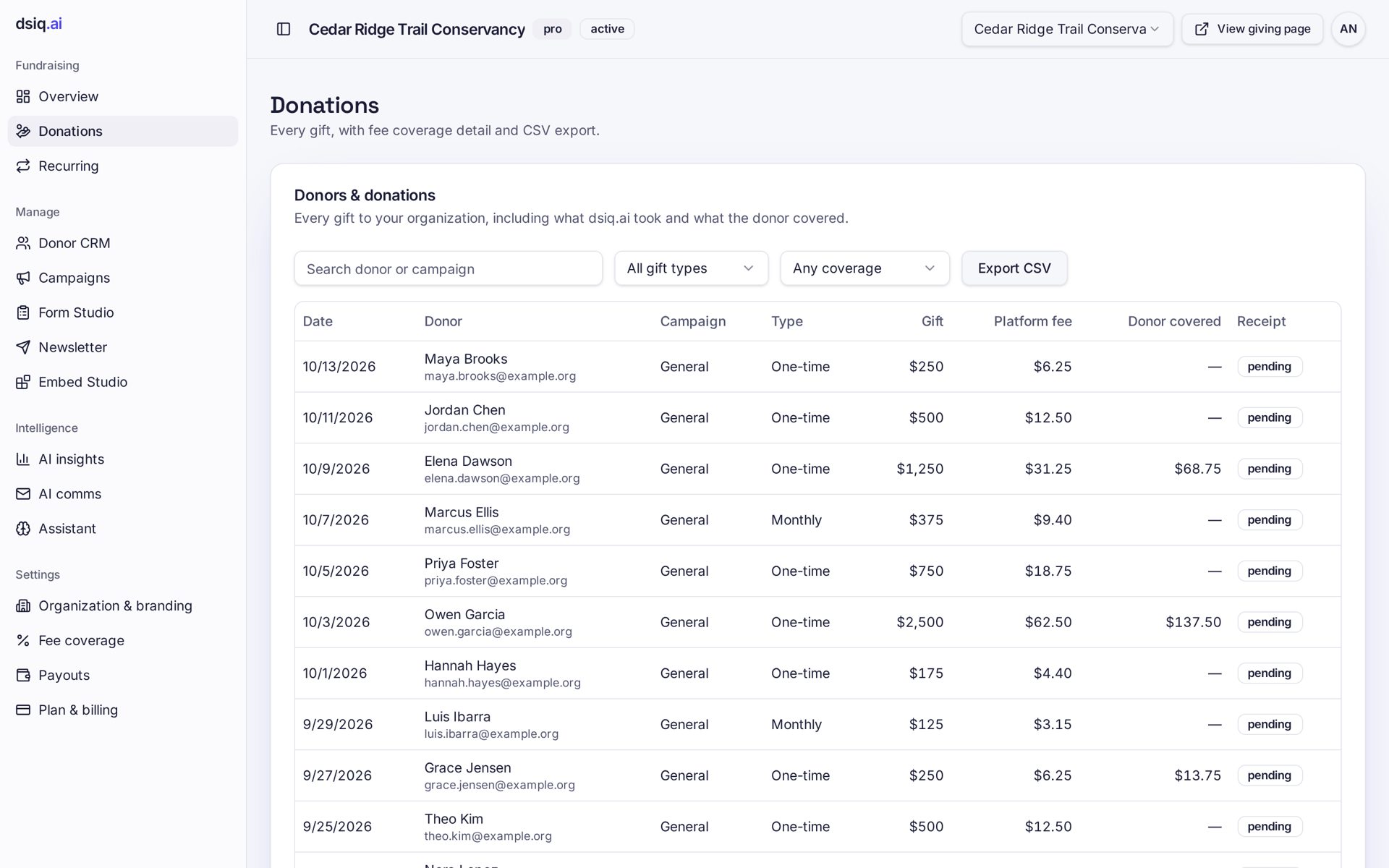 Donations table with campaign, fees and donor-covered amounts