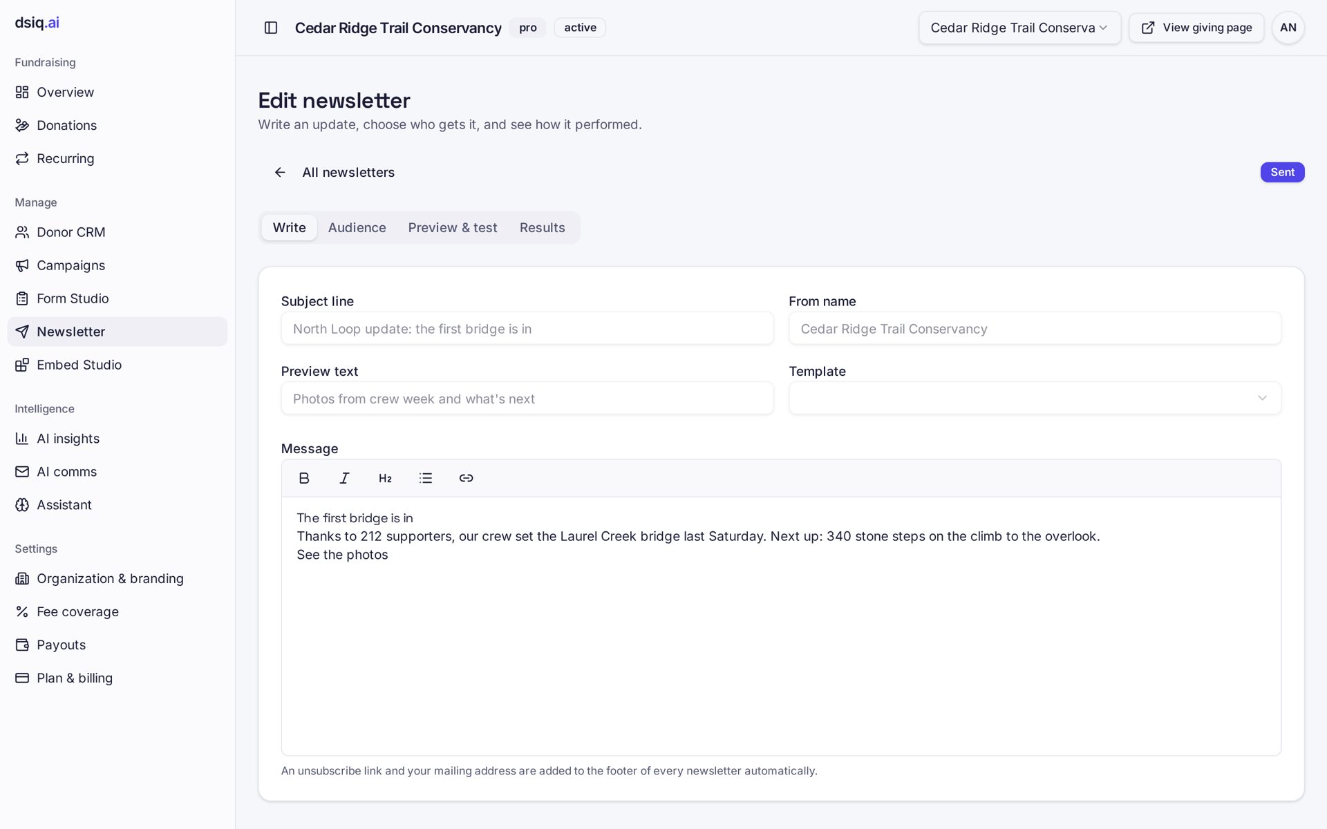 Newsletter composer with rich text editor