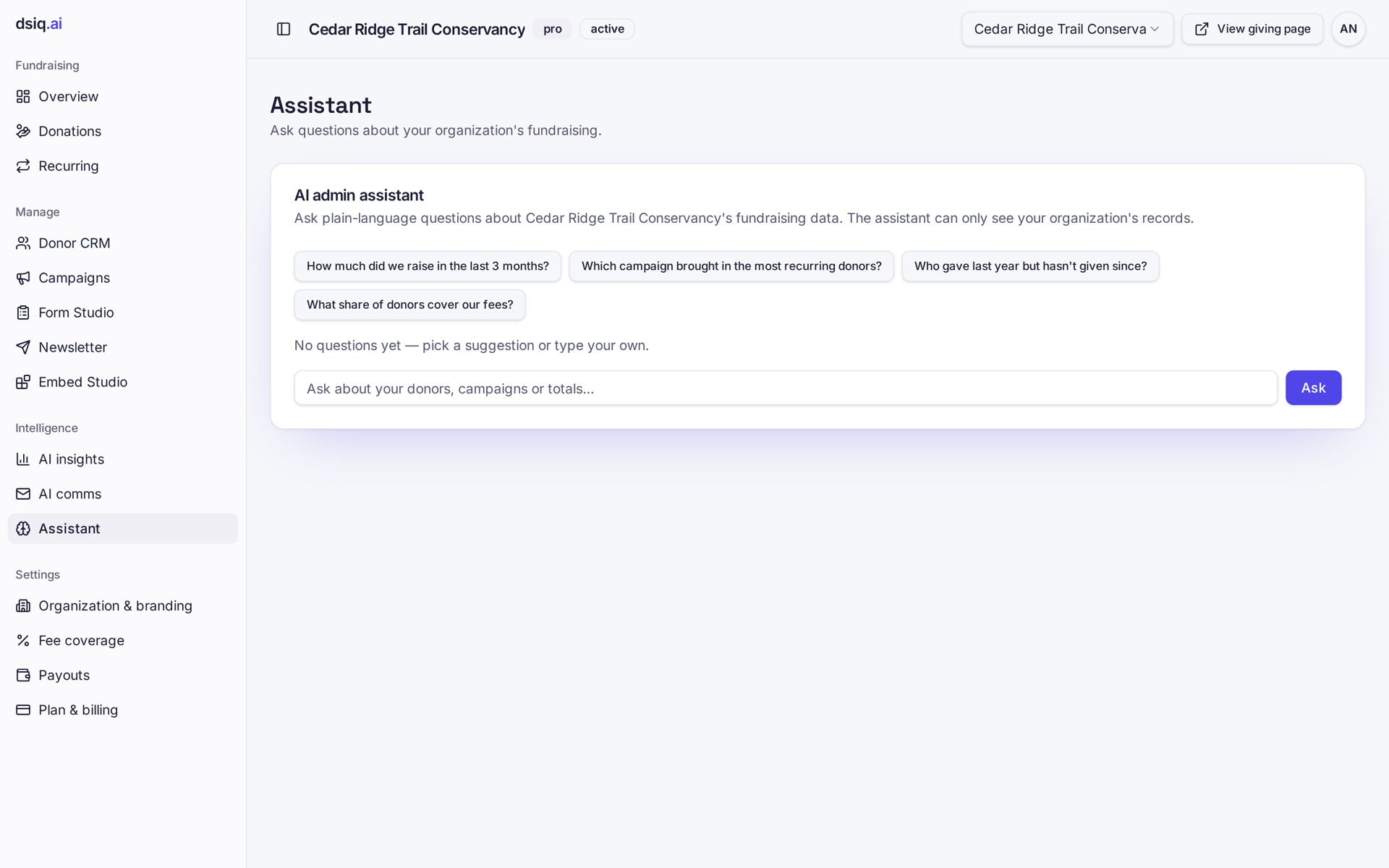 AI admin assistant answering questions about giving data