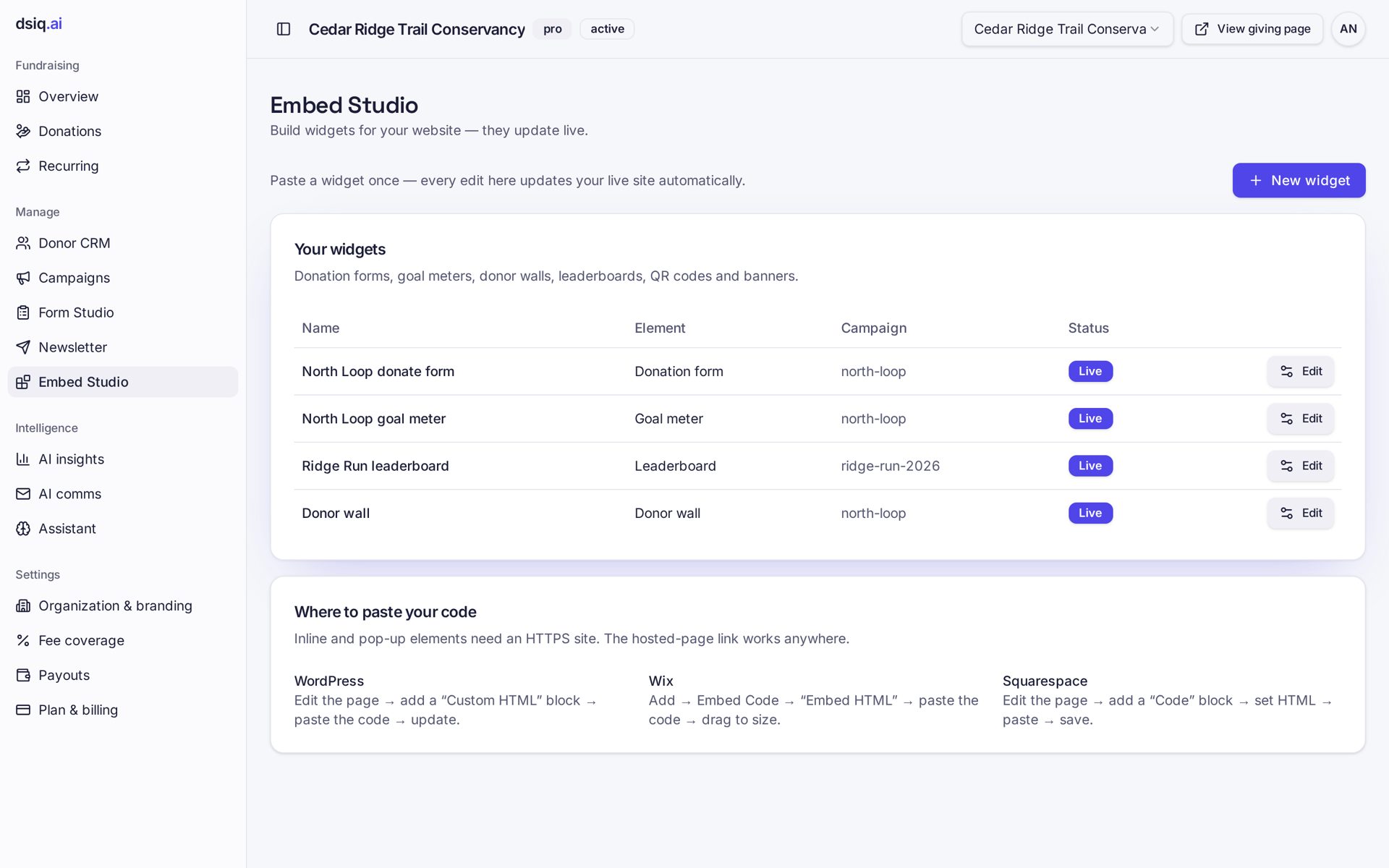 Embed Studio listing donate forms, goal meters, leaderboards and donor walls