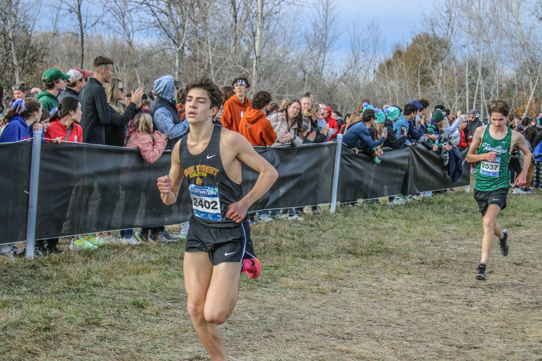 Runners racing through an autumn forest course past cheering crowds
