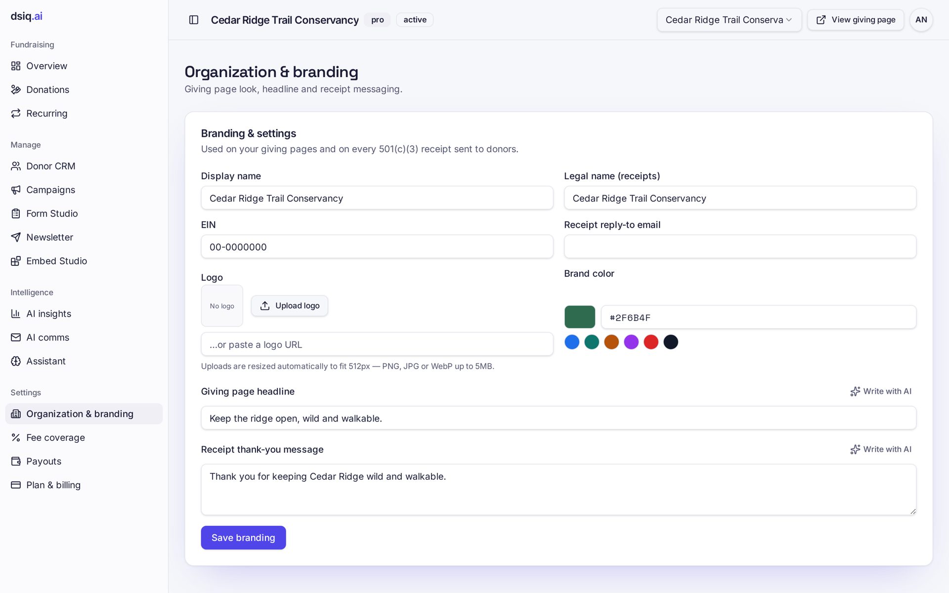 Organization branding settings with logo, colors and receipt message