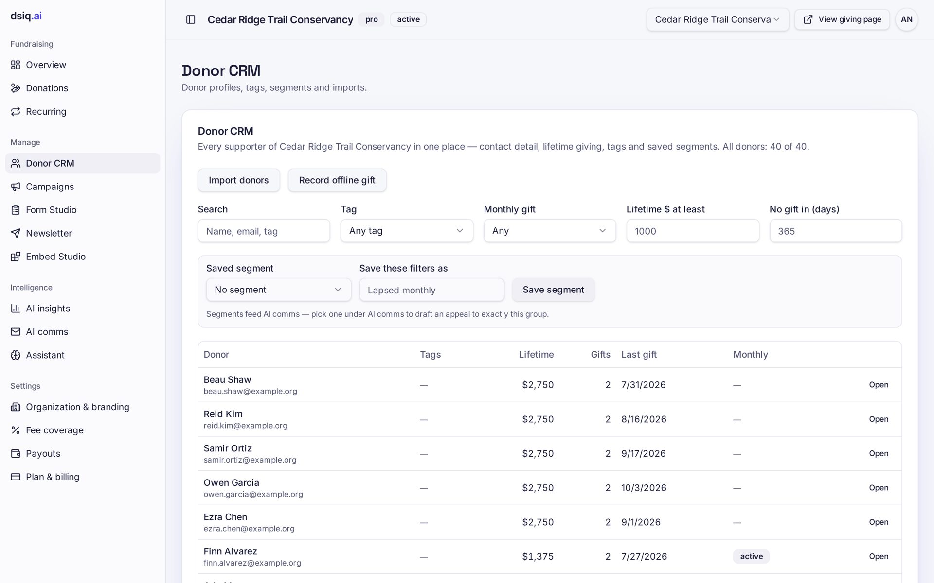Donor CRM with search, tags, saved segments and lifetime giving