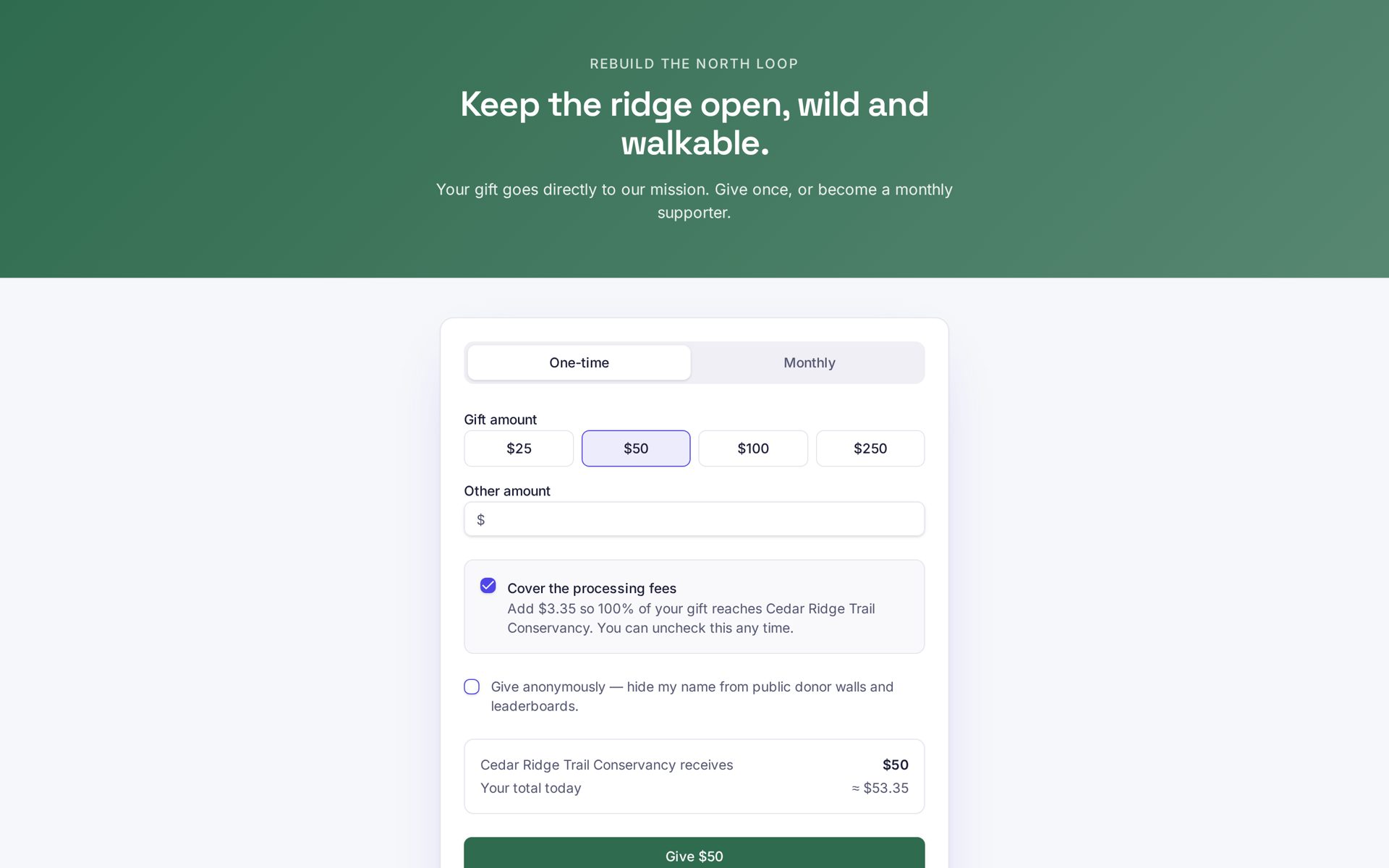 Branded giving page with fee coverage option