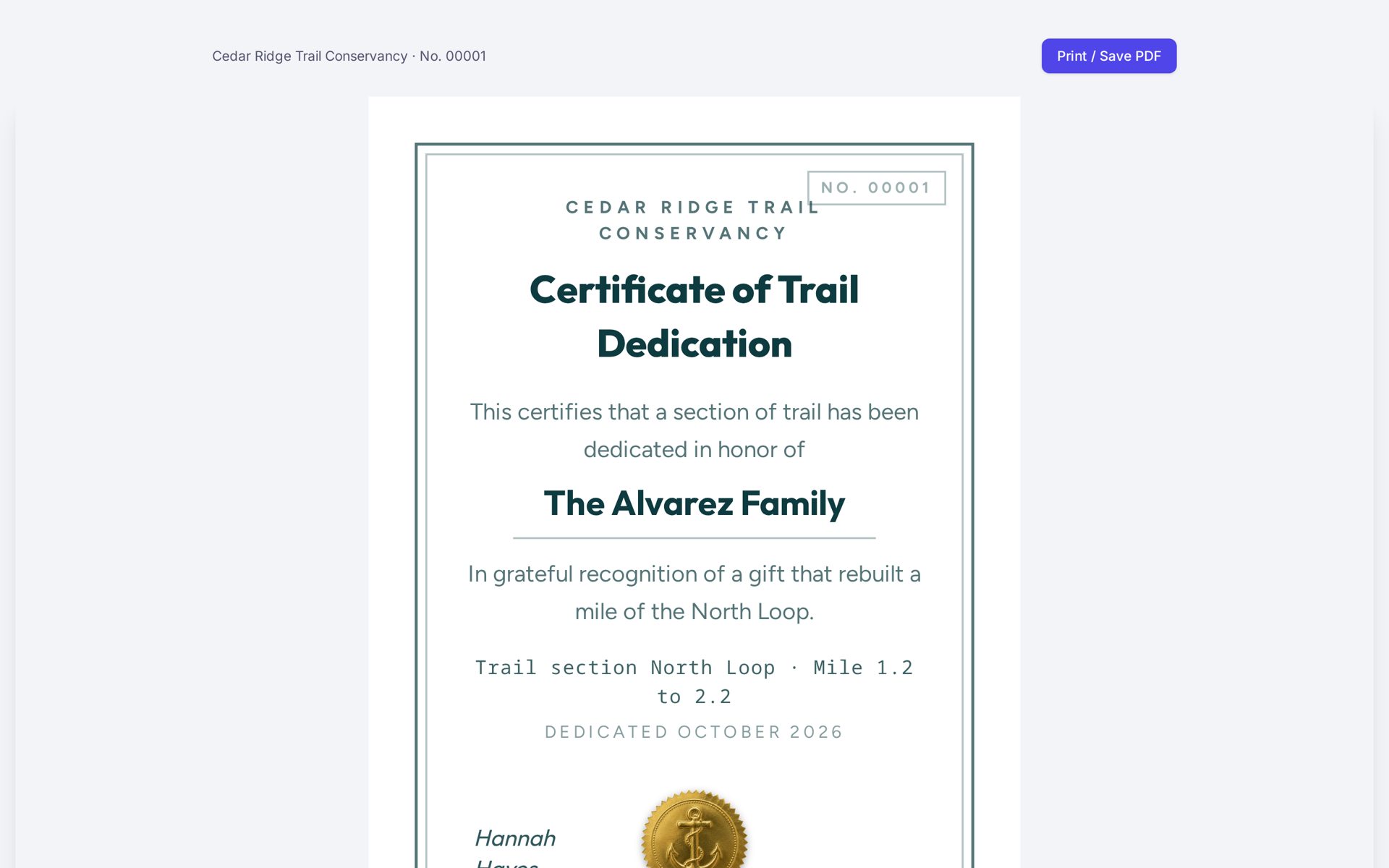 Issued certificate of trail dedication with gold seal
