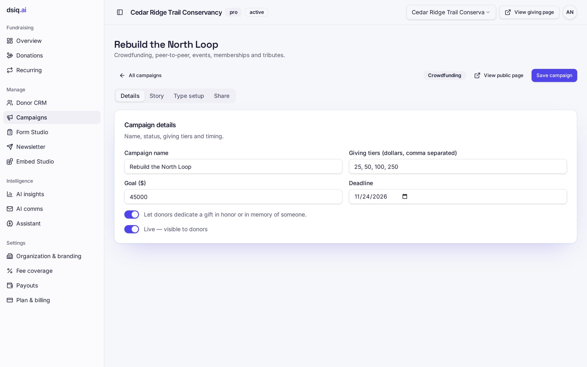 Campaign builder for a crowdfunding campaign