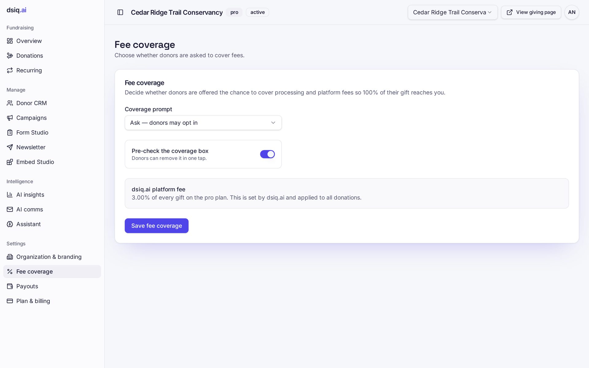 Fee coverage settings